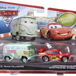 Disney Pixar Cars 2 Movie Race Team Fillmore And Lightning McQueen With Travel Wheels